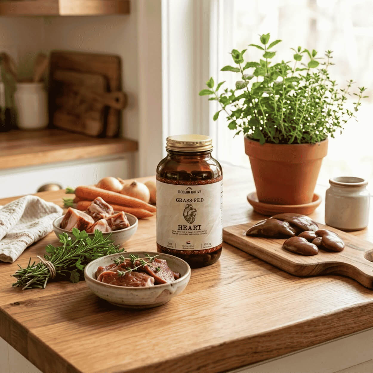 Na dřevěné kuchyňské lince s bylinkami v květináči stojí skleněná dóza s doplňkem stravy Grass-Fed Heart, obklopená čerstvou mrkví, cibulí a miskami s kousky syrového masa a vnitřností.